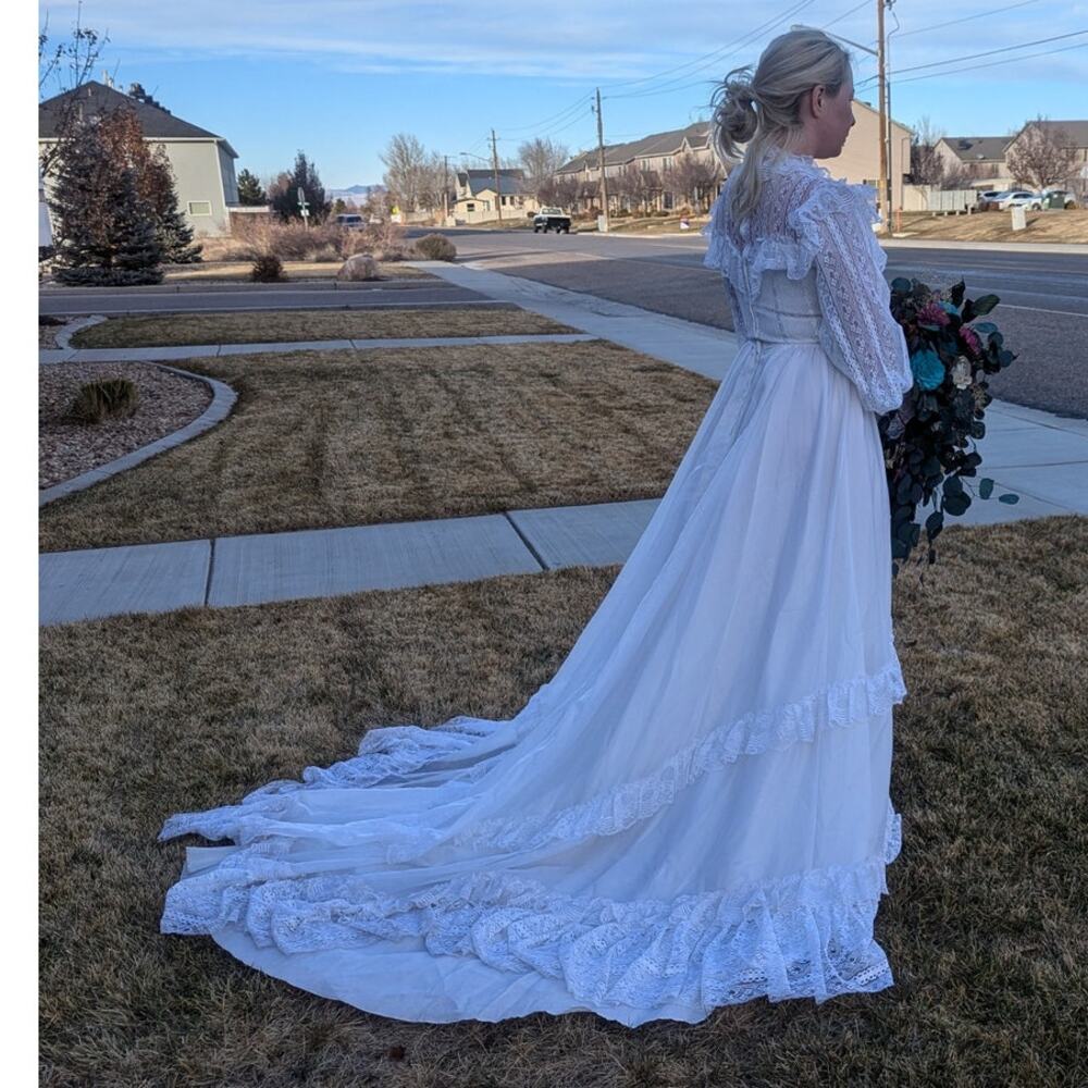 Vintage 70s Victorian Wedding Dress Bridgerton Lace High Neck Illusion Neckline - Picture 6 of 14